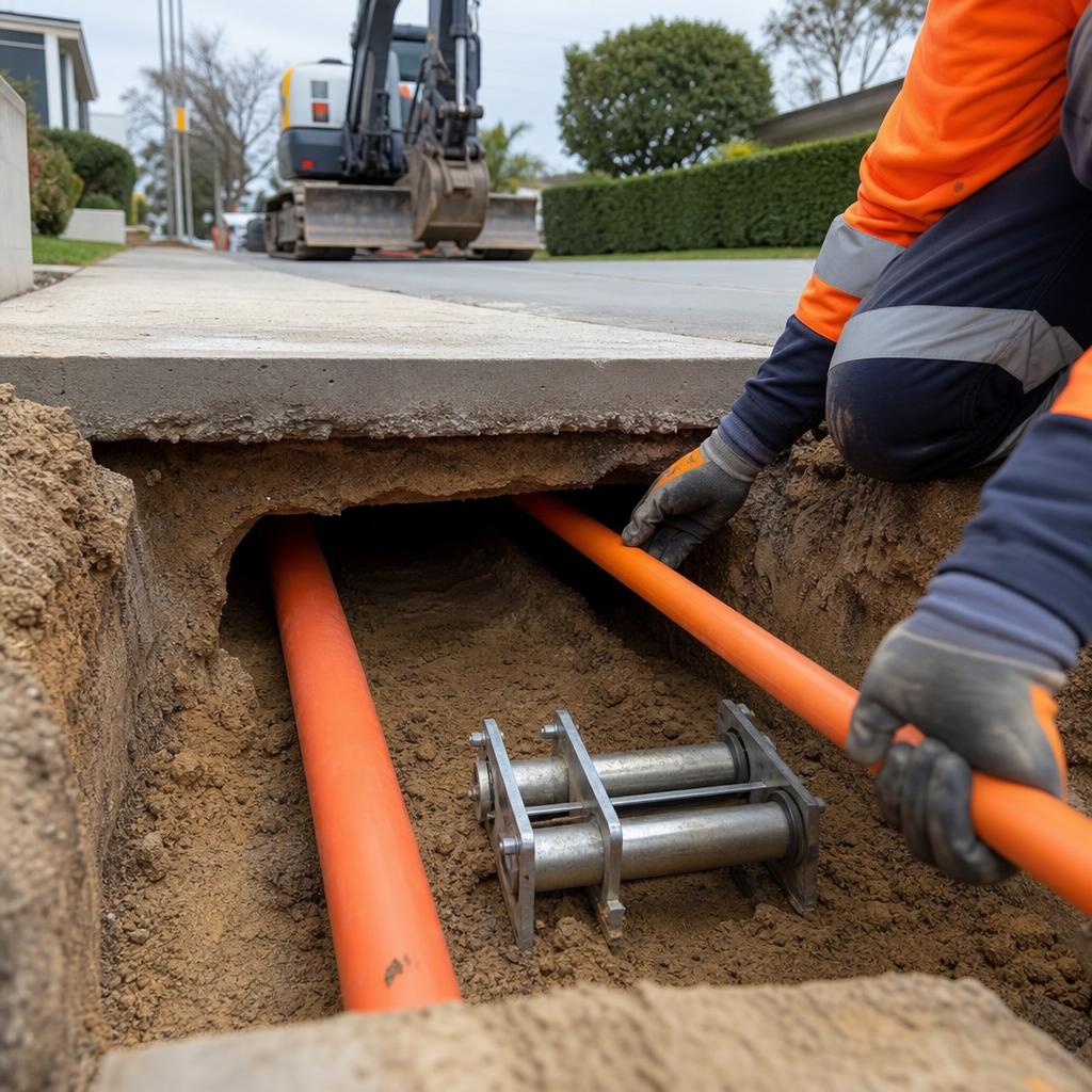 Orange service conduit being installed through a completed underground driveway crossing