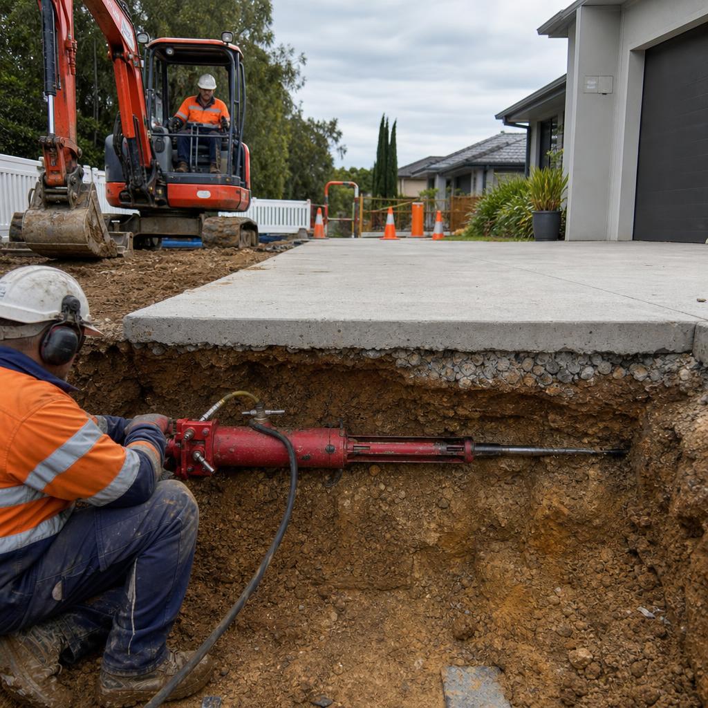 Grundomat pneumatic boring tool creating an underground crossing beneath an intact concrete driveway
