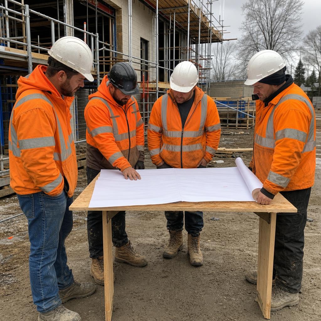 Tradespeople consulting blueprints